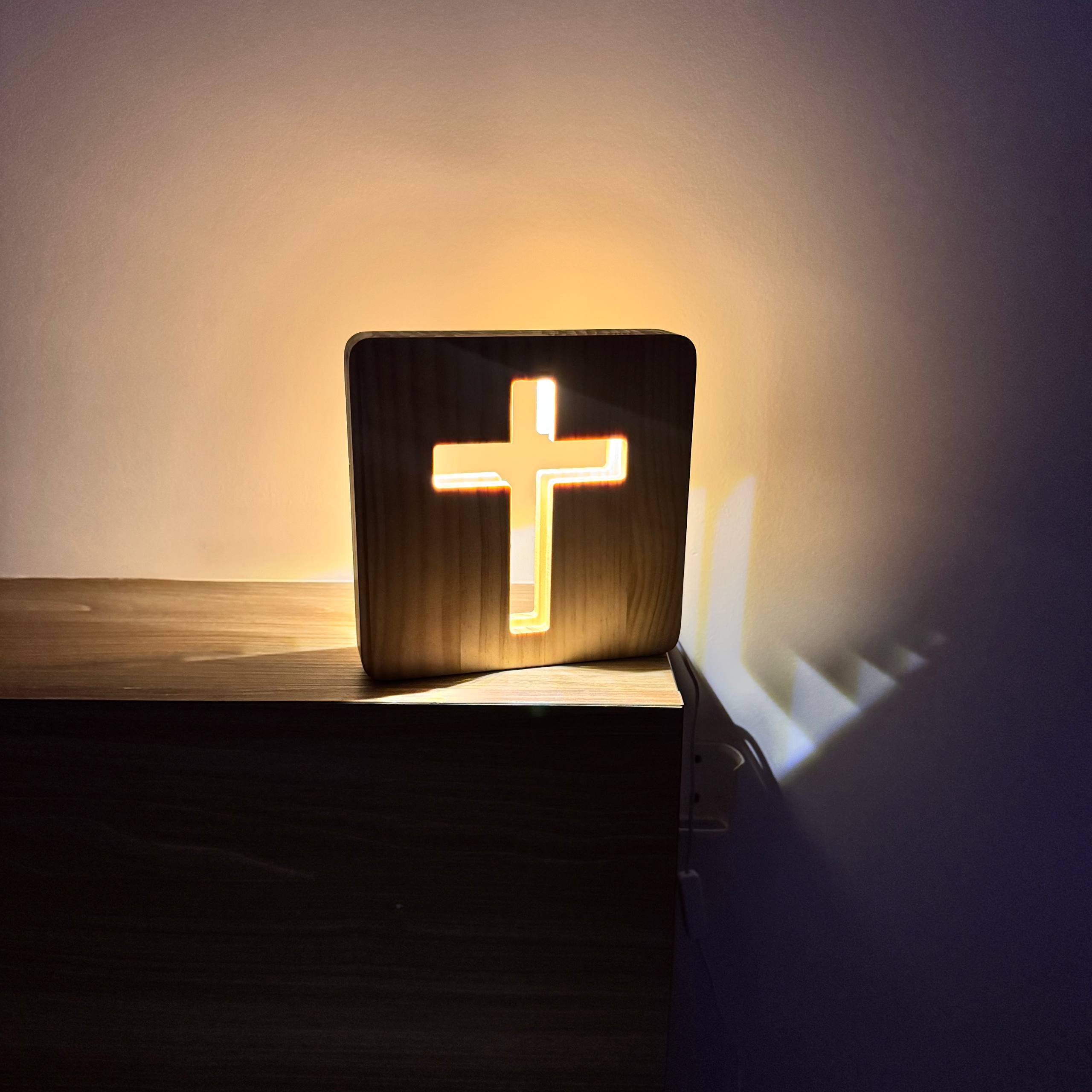 Wooden cross lamp angled view