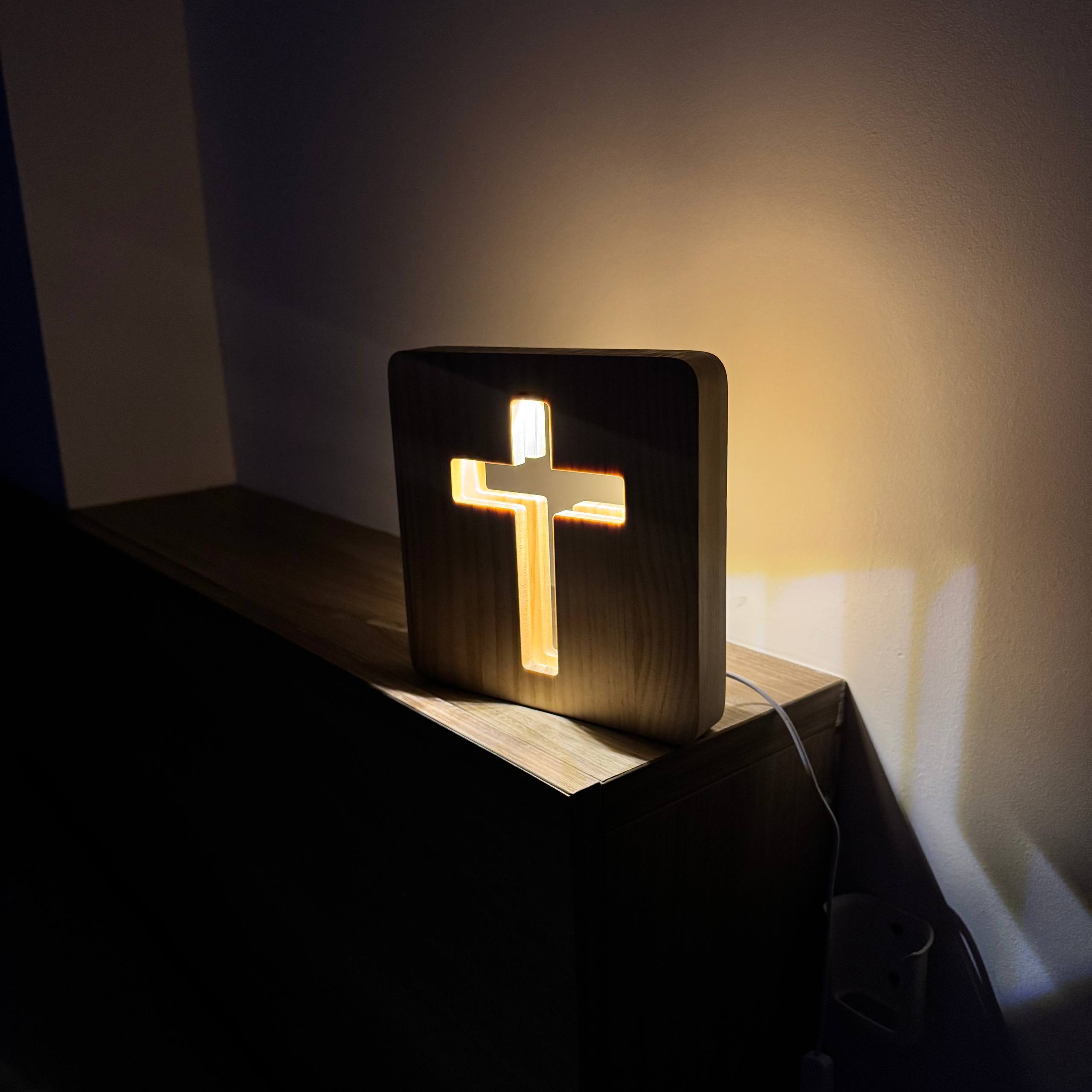 Wooden cross lamp detail view