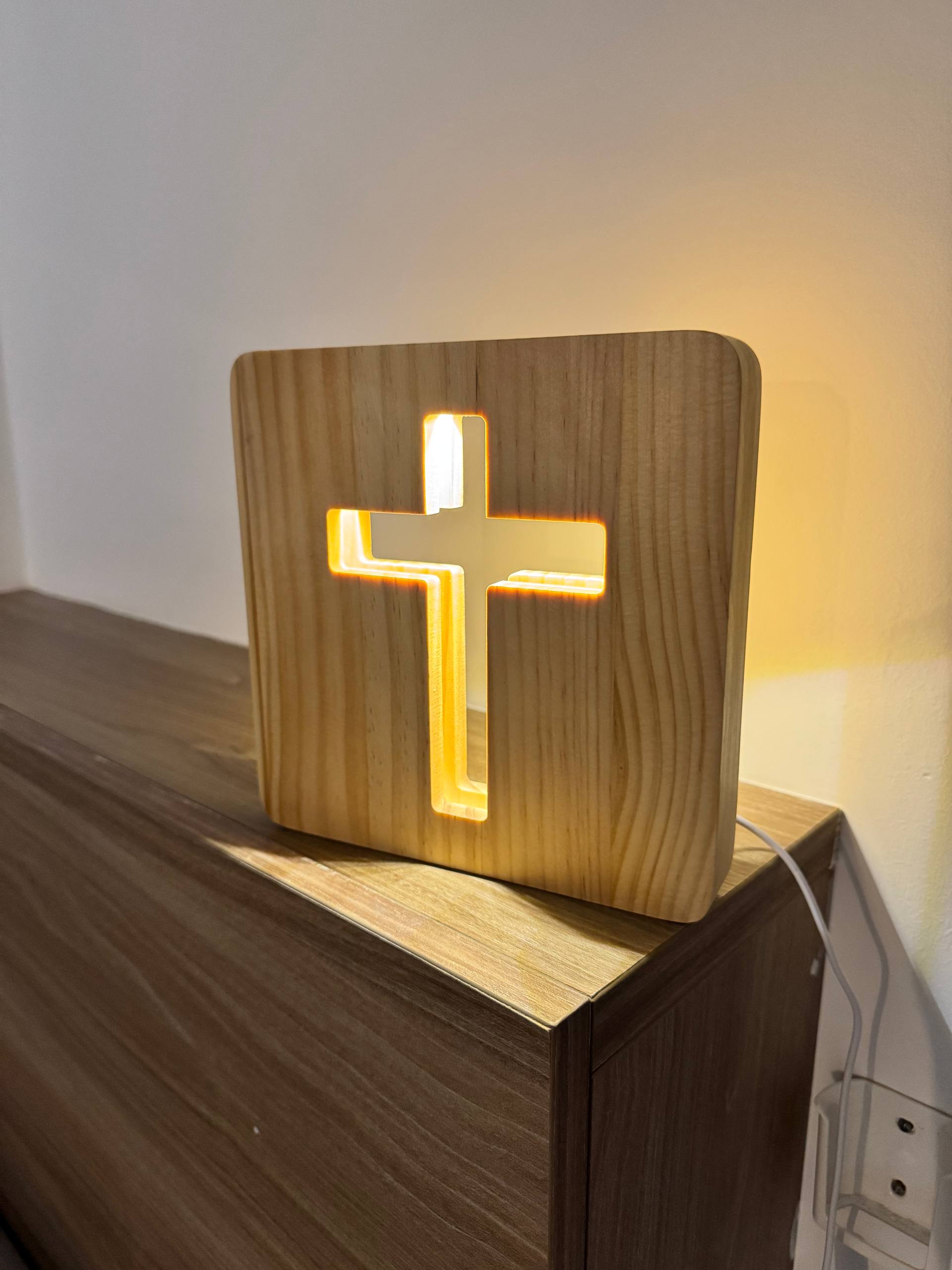Wooden cross lamp lifestyle vertical view